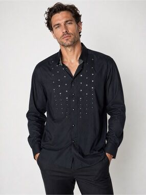 Men's Black Star Embellished Tuxedo Long-Sleeve Shirt- XL